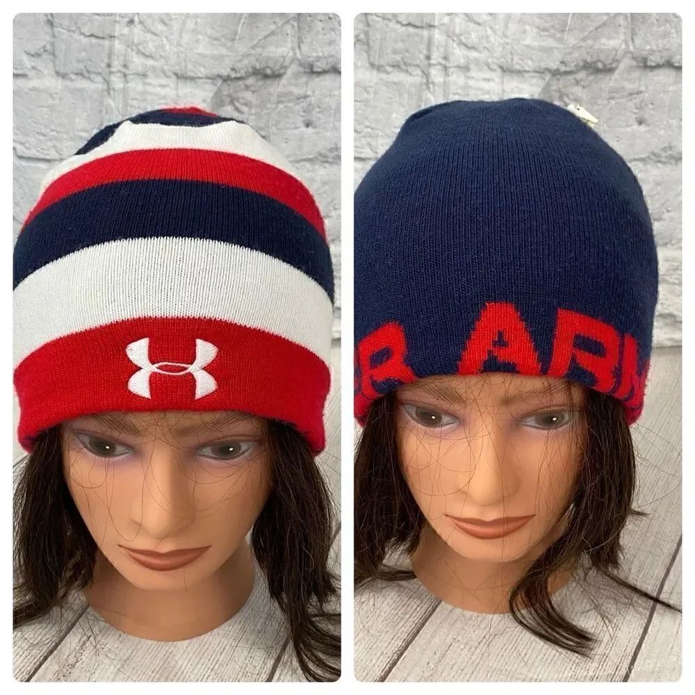 Under armour youth boys reversible winter beanie red white & blue